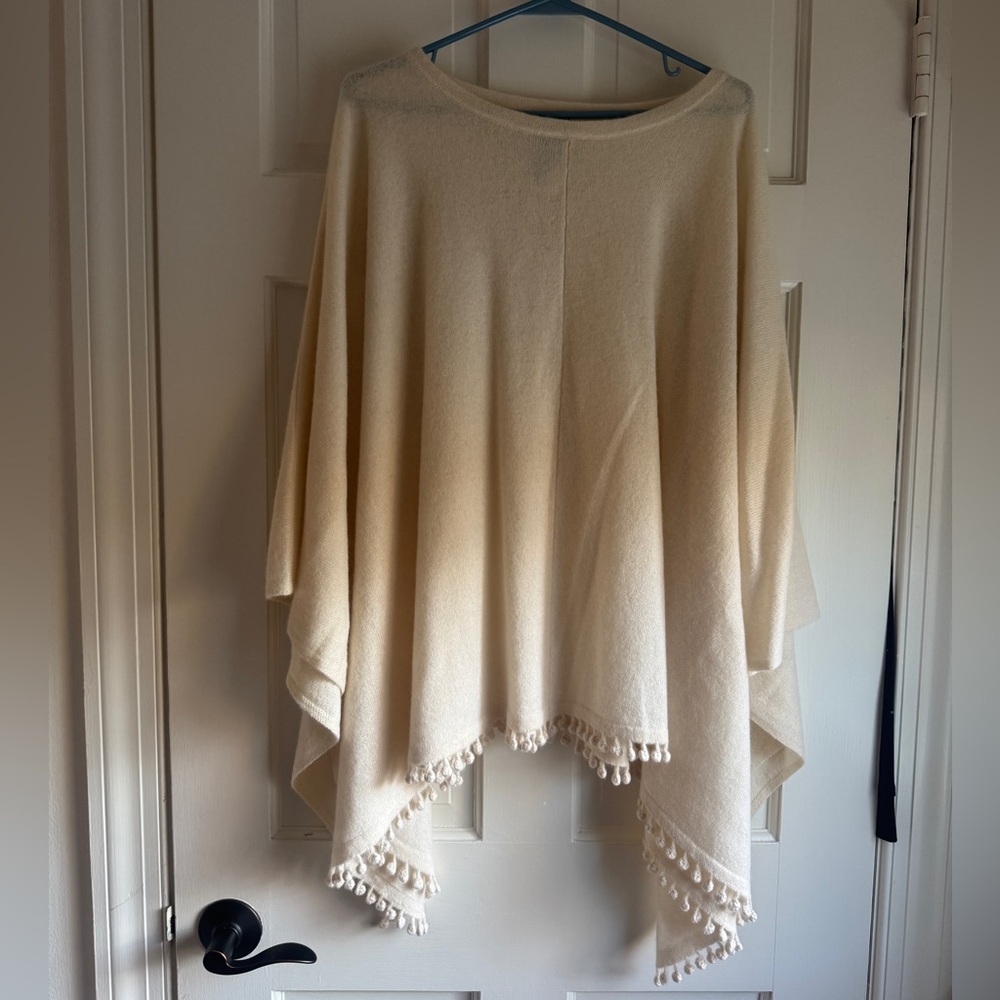 Chico's 100% Cashmere Cream Poncho with Tassel Detail